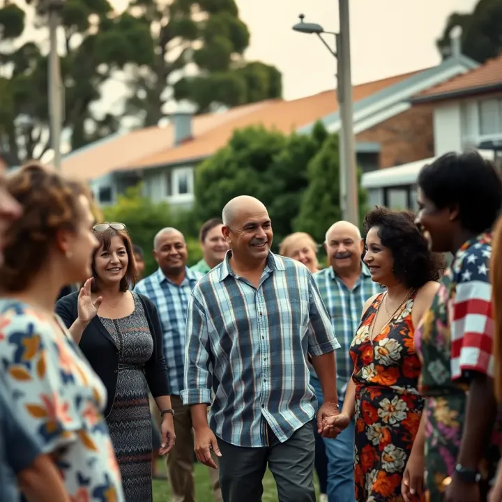Illustration depicting diverse community members coming together in an Australian neighborhood celebrating fairness and unity