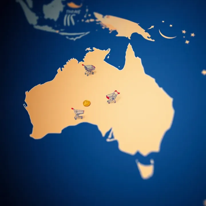 Graphic depicting an Australian map highlighting regions eligible for the Fair Go Free Chip $50 offer with icons of coins and shopping carts