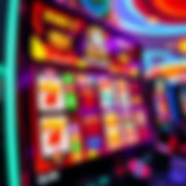Colorful online pokies game screen showcasing various symbols and reels set against a vibrant background