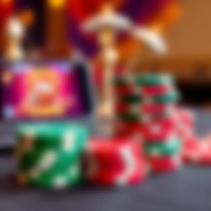 Colorful casino chips stacked next to a glowing smartphone displaying casino app