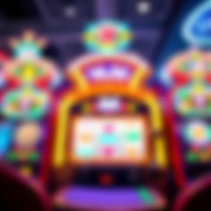 Colorful online pokies game interface displaying reels with vibrant symbols and flashing lights