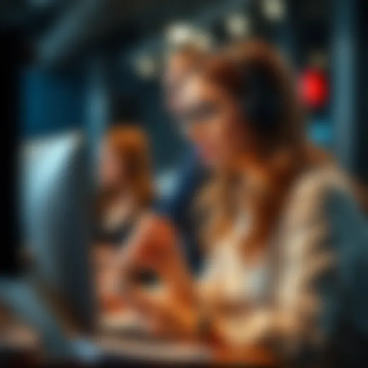 Customer support representative using a phone headset and computer for assistance