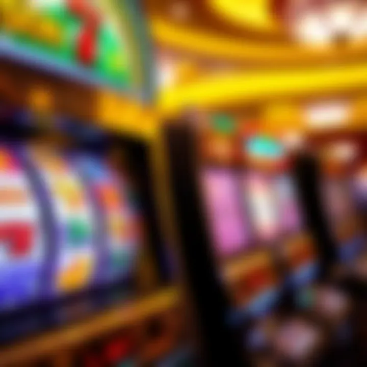 A vibrant casino slot machine with spinning reels showing various symbols