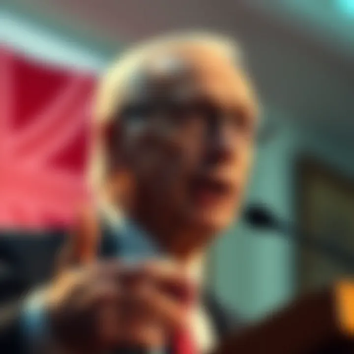 Portrait of Dick Smith delivering a public speech on social fairness and entrepreneurship in Australia