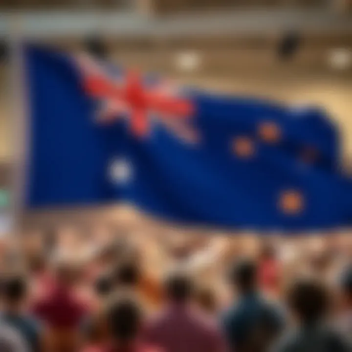 Australian flag with a backdrop of a diverse community gathering symbolizing unity and shared values
