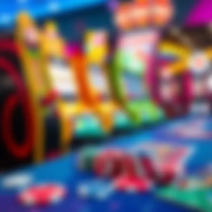 Colorful digital slot machines with casino chips and cards on a vibrant background