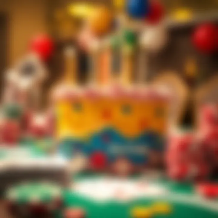 Colorful birthday cake with casino chips and playing cards on a festive table