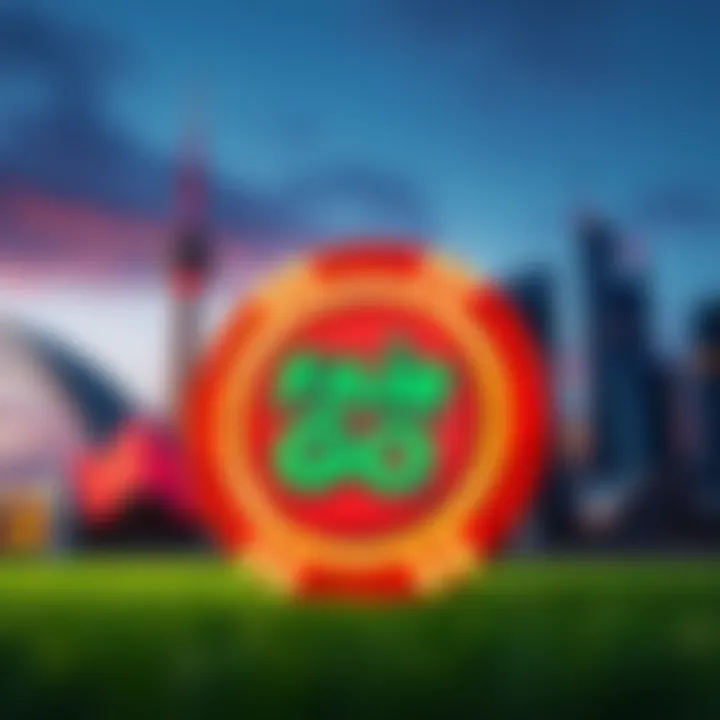 Illustration showing a vibrant casino chip featuring the Fair Go logo with a backdrop of Australian landmarks