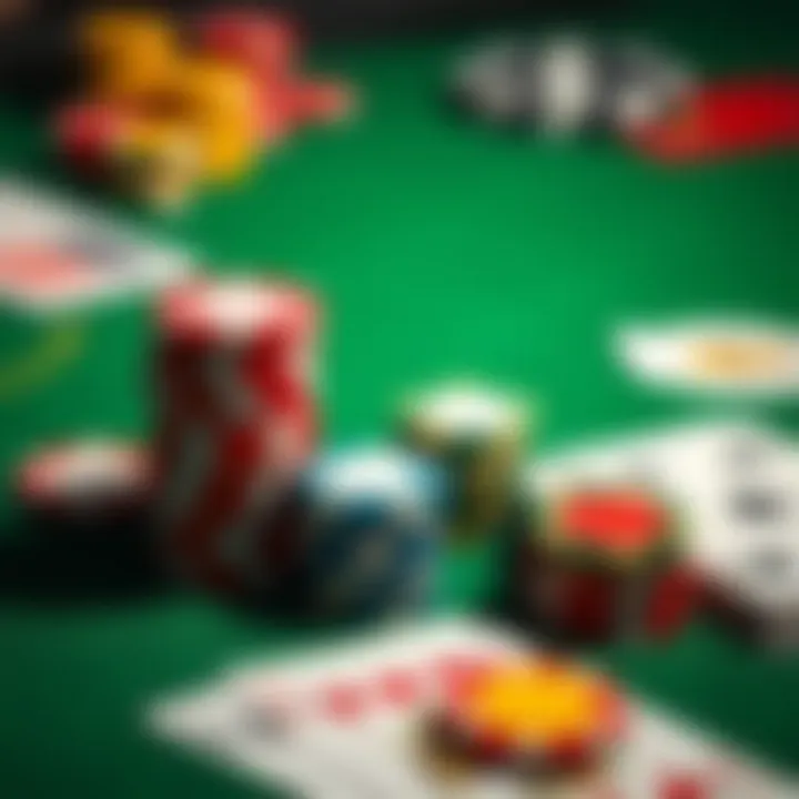 Colorful casino chips stacked on a green felt table with playing cards nearby
