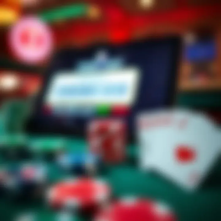 Bright casino chips and playing cards arranged beside a digital coupon code on a screen