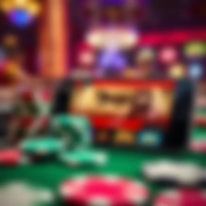 Illustration showing various casino chips and a mobile device displaying Fair Go Casino interface