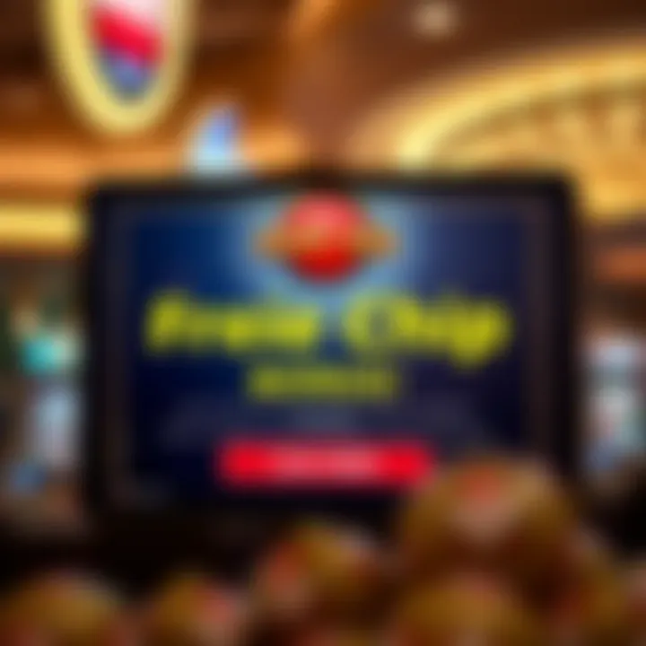 Illustration of a digital casino interface featuring a free chip bonus notification prominently displayed on screen