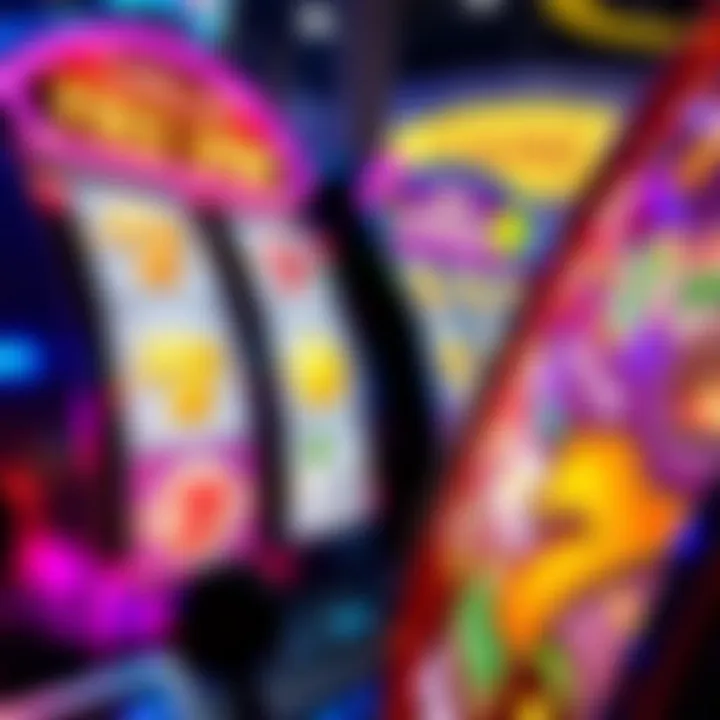 Slot machine reels with vibrant symbols and bright lights