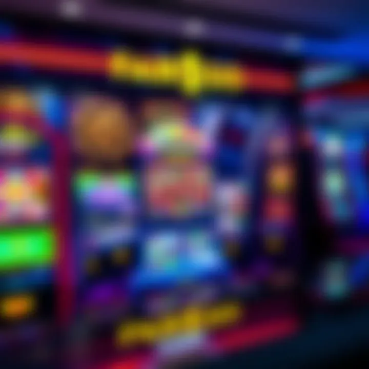 Colorful casino game interface featuring slot machines and card games on a digital screen