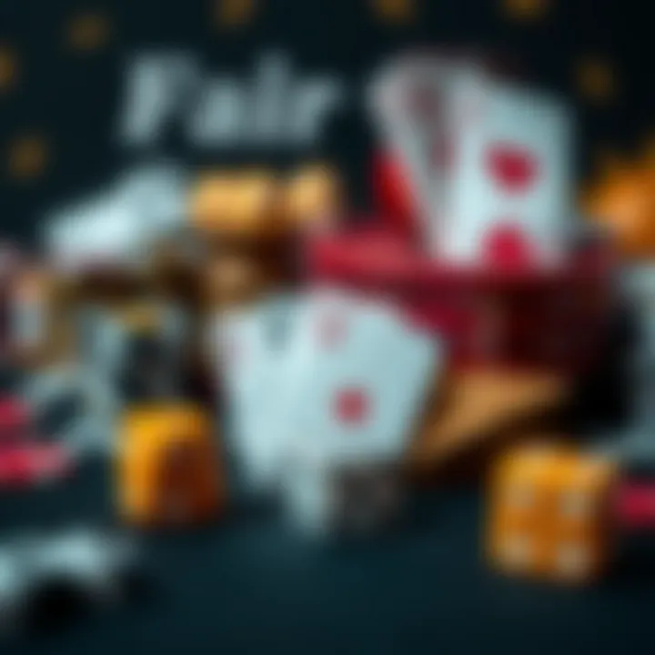 Assorted casino game icons including cards and dice on a dark background