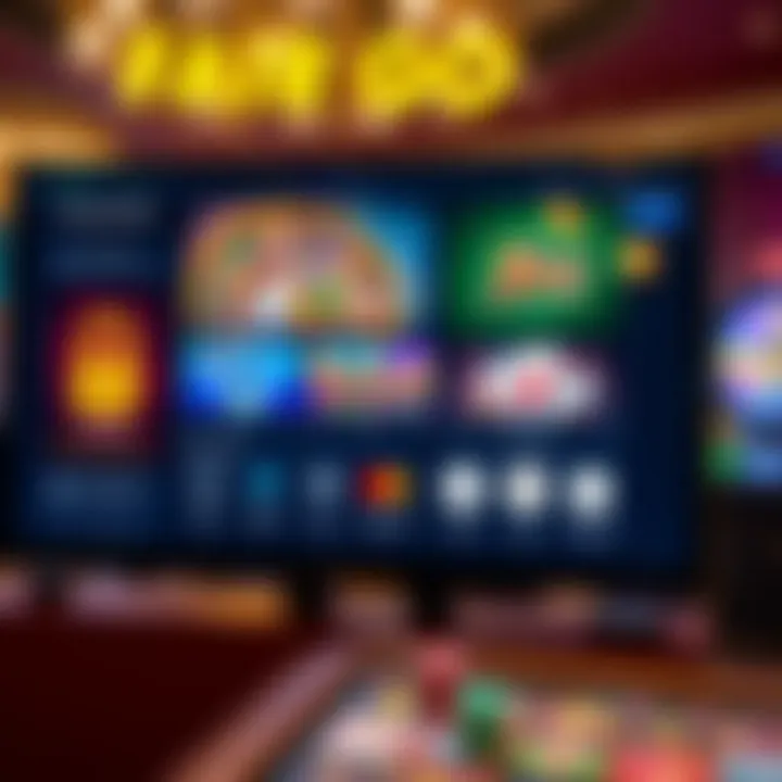 Display of various casino games on a screen with icons representing secure payment methods and responsible gambling