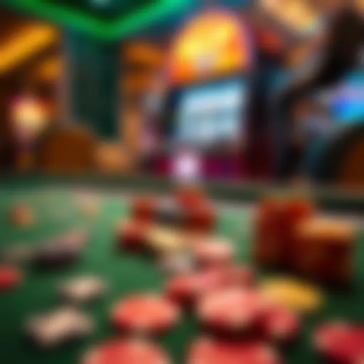 Colorful casino tokens and chips scattered on a green felt table with a glowing electronic slot machine in the background