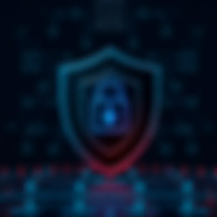 Digital security shield icon with a lock symbolizing data protection on a dark background