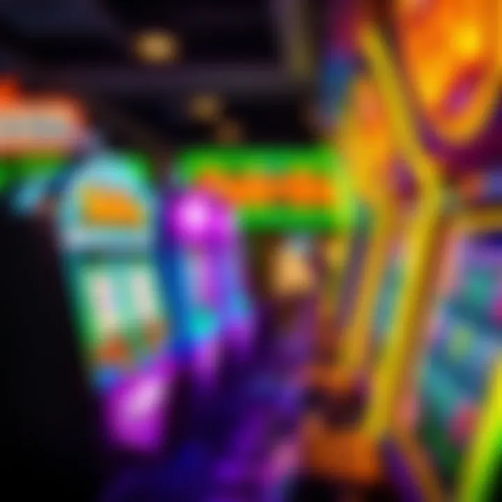 Colorful virtual casino slot machines with bright lights and spinning reels
