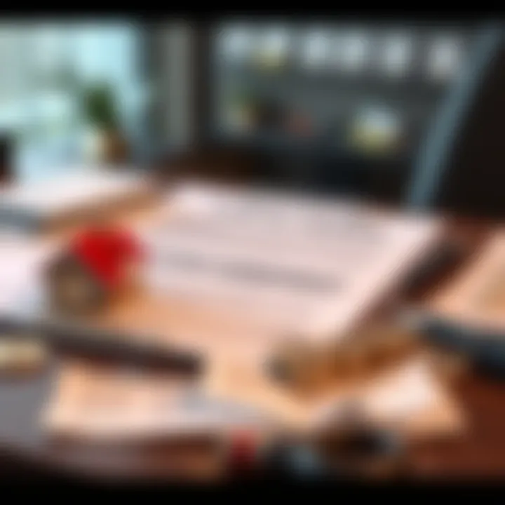 Illustration of a rental property with financial documents and a bond loan agreement on a desk