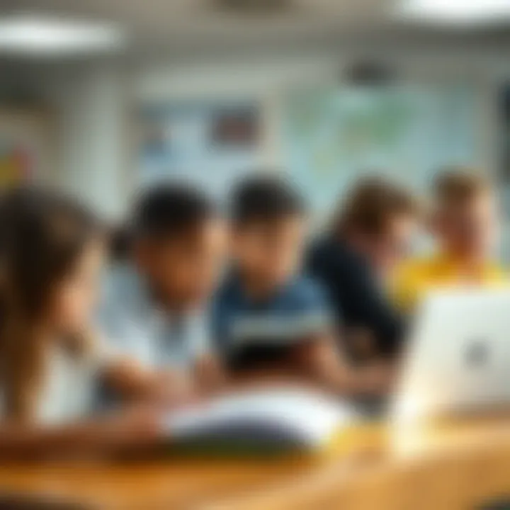 Diverse Australian children studying together with books and laptops in a bright classroom