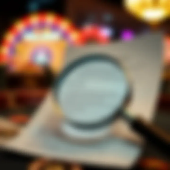 Visual representation of terms and conditions document with a magnifying glass indicating careful review of online casino free spin offers