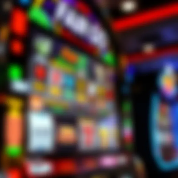 Slot machine display showing colorful symbols and payout information in a casino environment