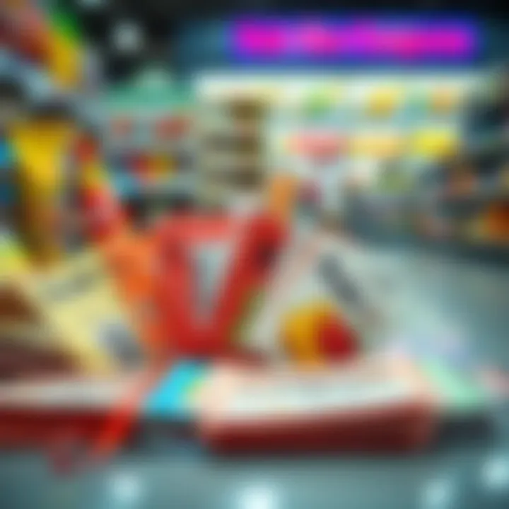 Collection of colorful coupons laid out on a flat surface with shopping items in the background