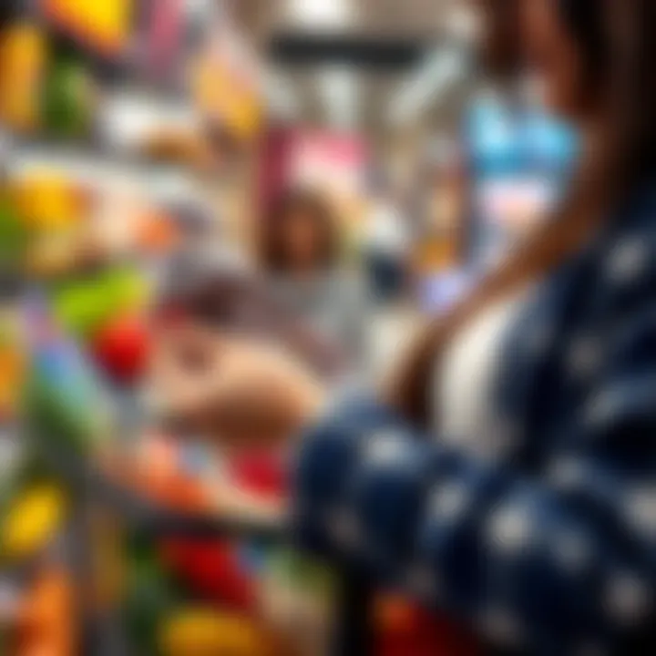 Close-up of a shopper examining a coupon while holding a shopping basket filled with groceries