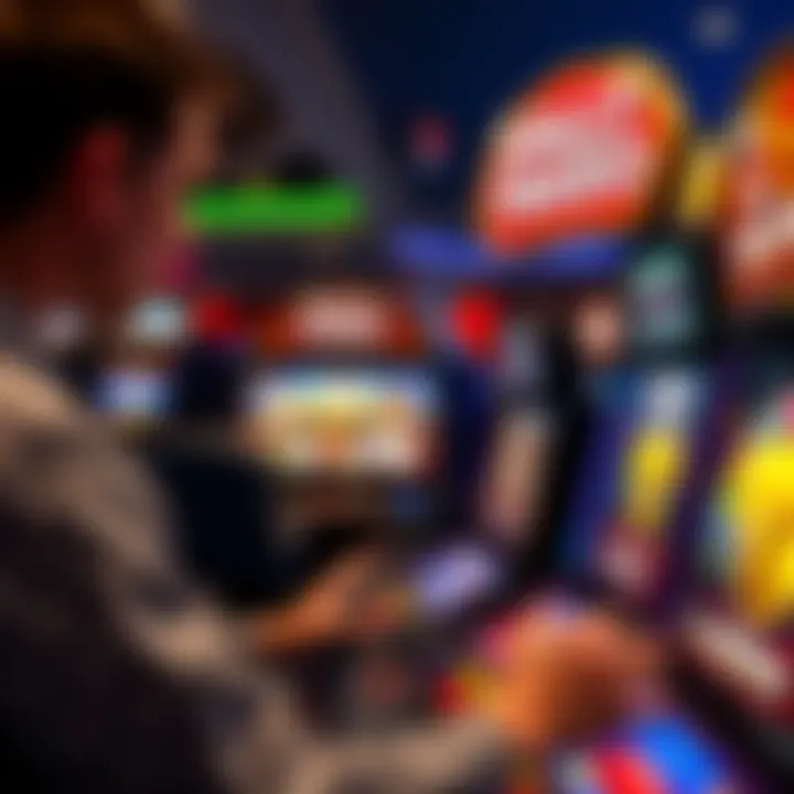 Illustration showing a player selecting casino games with clear promotion banners and responsible gaming icons
