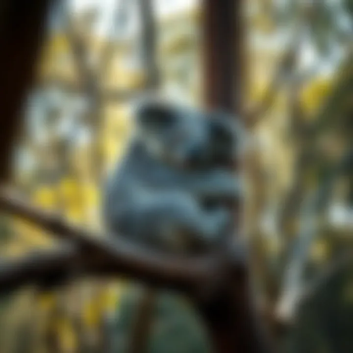 A koala resting on a eucalyptus tree branch in a sunlit forest