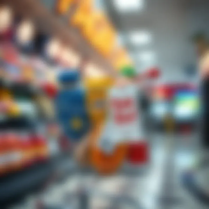 Shopping cart filled with various products and a discount tag hanging from the handle