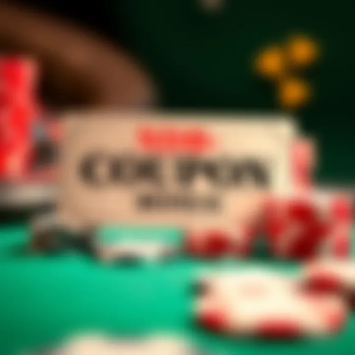 Digital coupon symbol and casino chips representing bonus offers at online casino