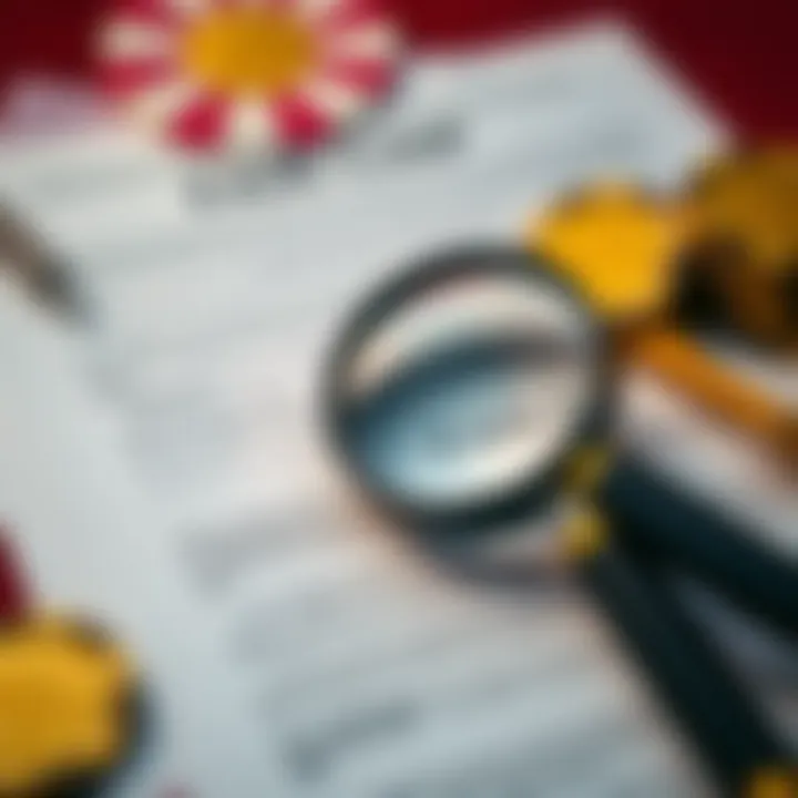 Legal documents and a magnifying glass highlighting terms and conditions for online casino bonuses