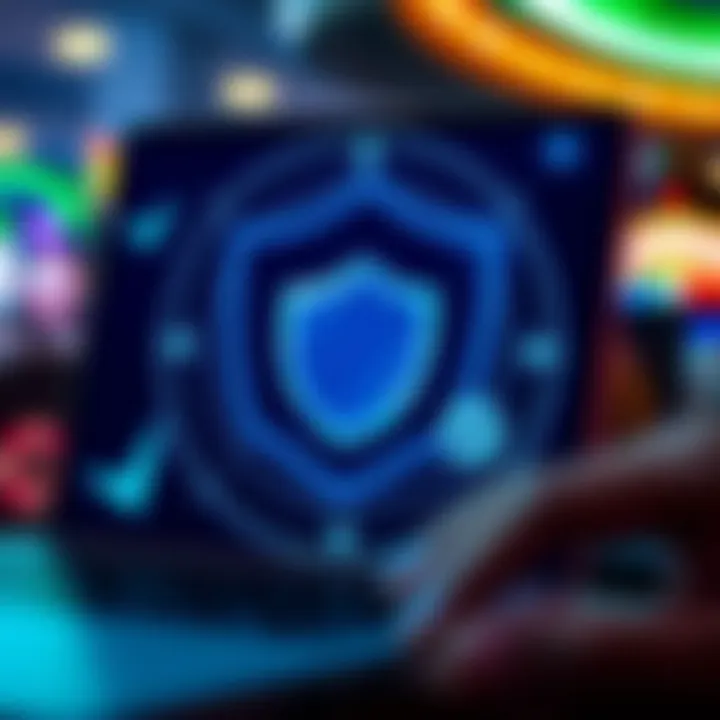 Graphic showing secure online gaming with shield and checkmark icons