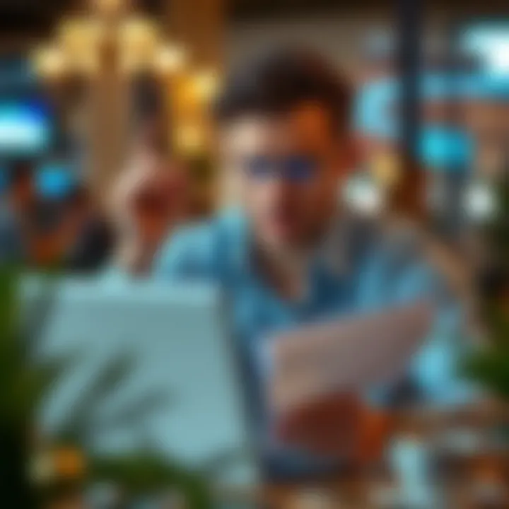 Customer expressing concern while reviewing financial documents on a laptop