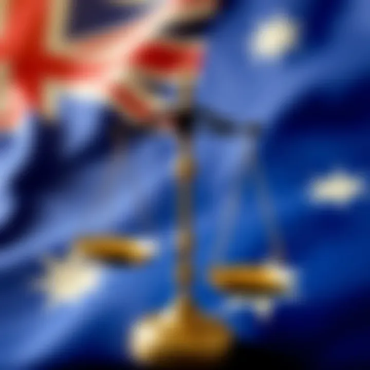 Illustration depicting the concept of fairness and equality symbolized by balanced scales over an Australian flag backdrop