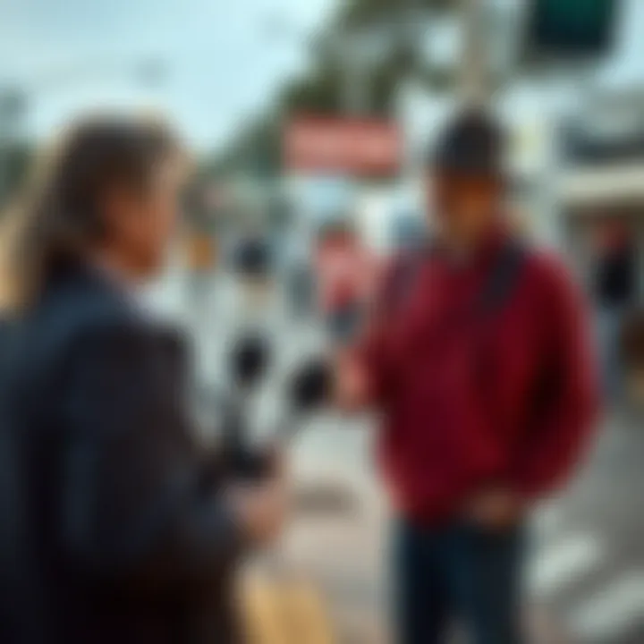 Journalist interviewing a local resident about community issues with a microphone and camera