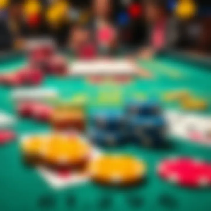 Colorful casino chips and playing cards laid out on a vibrant gaming table