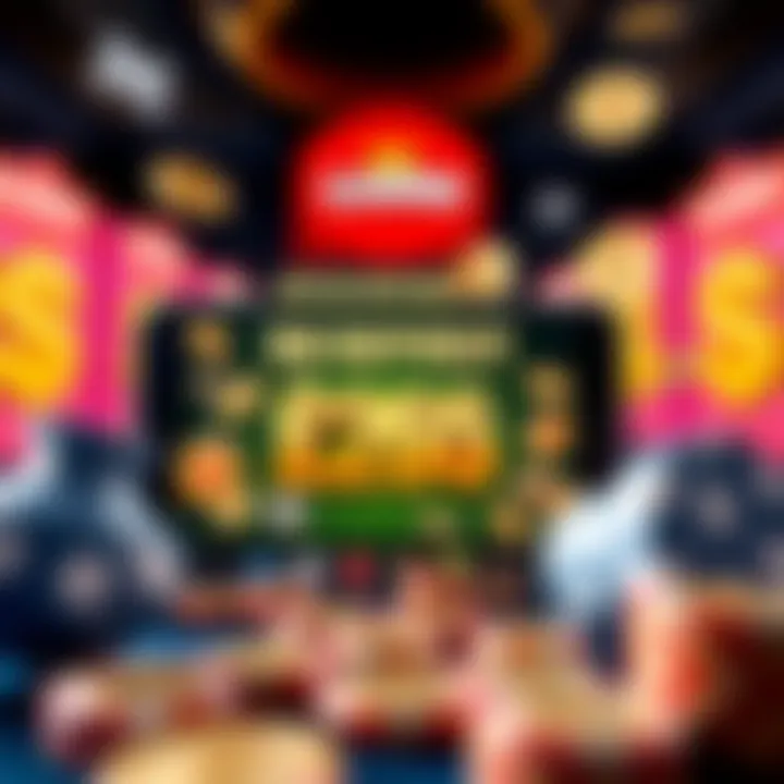 Illustration of a casino bonus offer with dollar signs and casino elements around a mobile device