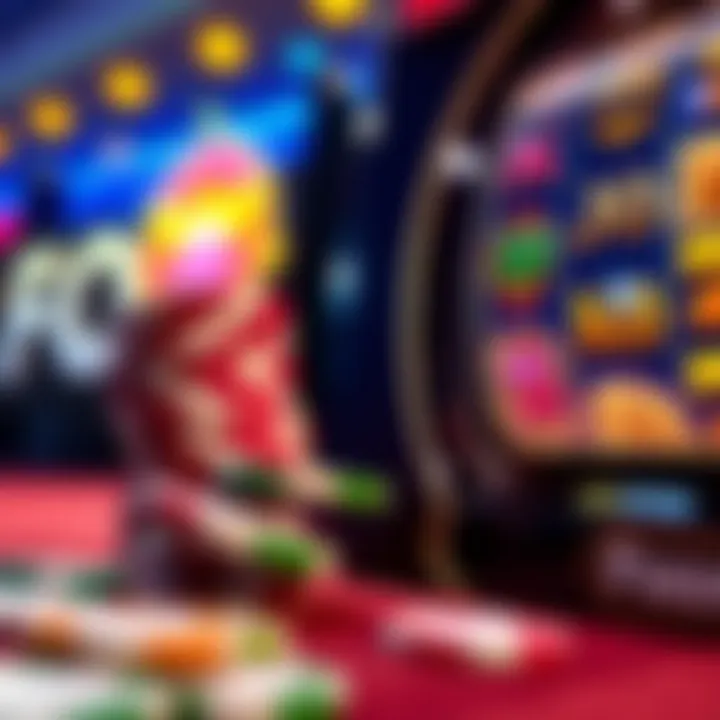 Illustration showing a vibrant casino chip stack next to a spinning slot machine reel highlighting bonus features