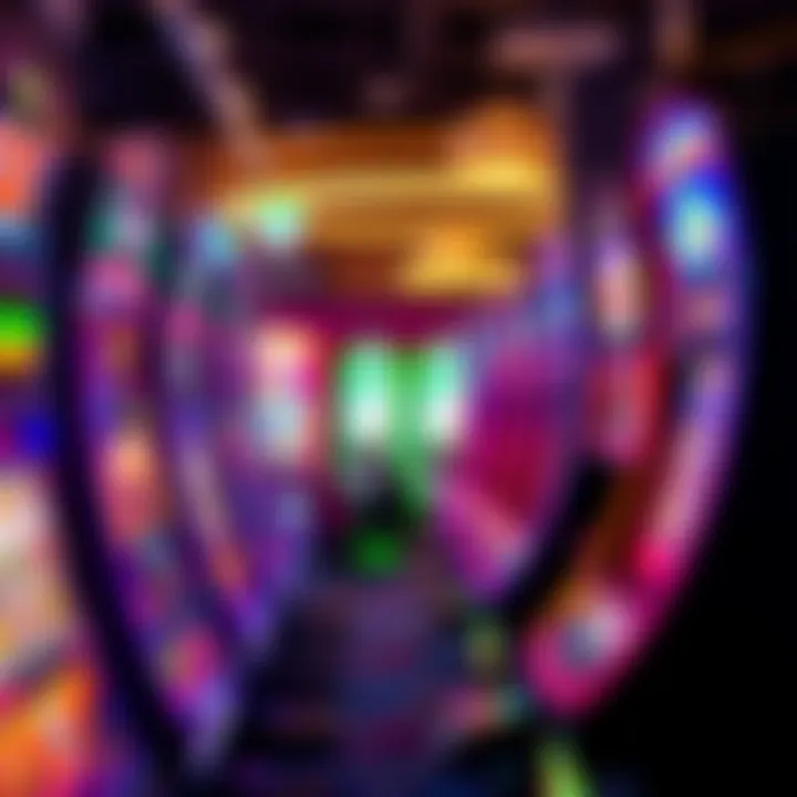 Colorful pokies machines with various symbols and flashing lights in an entertainment venue