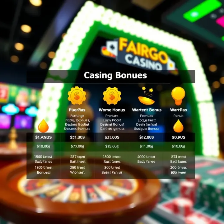 Graphic showing different types of casino bonuses and wagering requirements to help players maximize their benefits at FairGo Casino