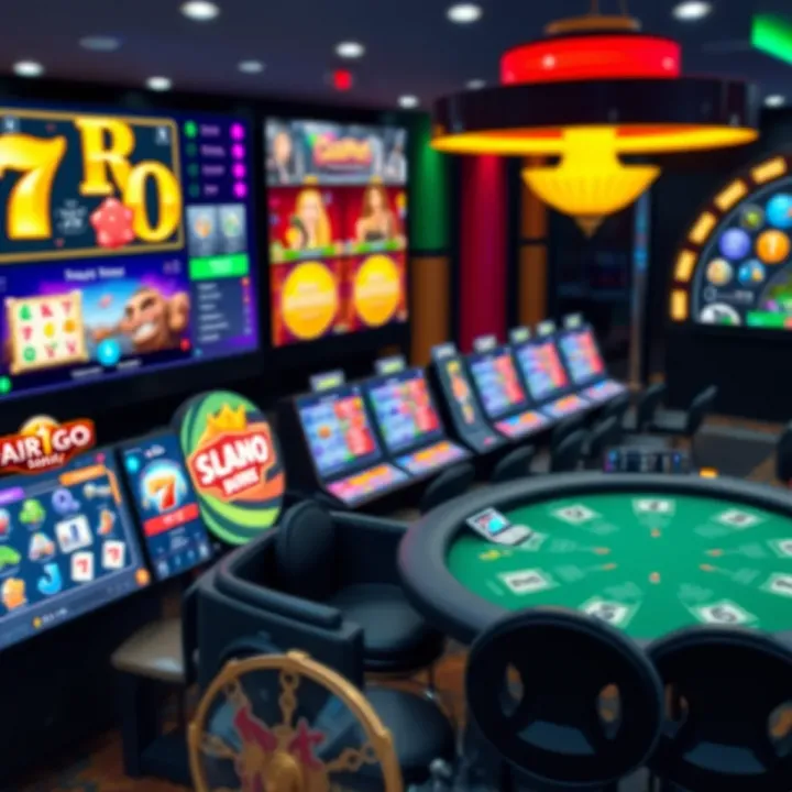 Online casino interface showcasing a variety of slot games and poker tables