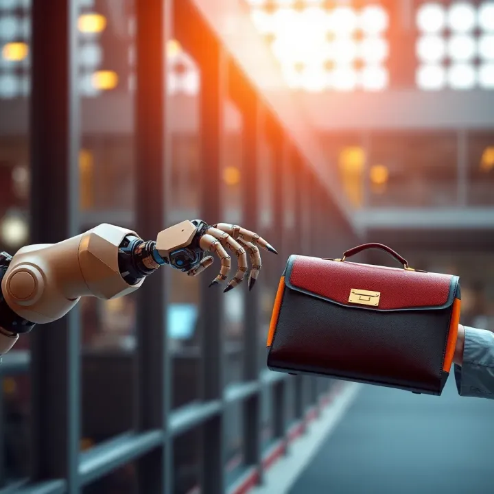 Illustration of a robot arm and a business professional exchanging a briefcase symbolizing collaboration between automation and workforce
