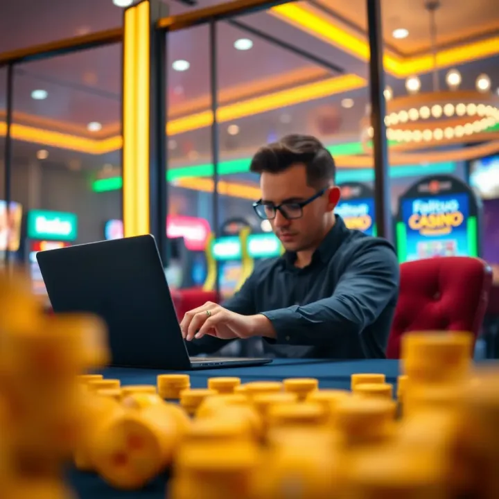 Illustration of a player using a laptop to claim online casino bonuses and maximize rewards