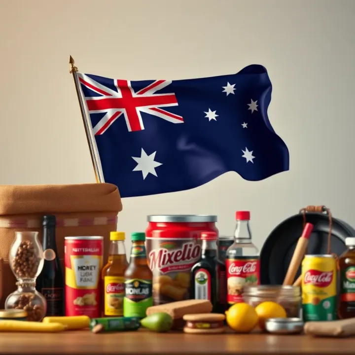 Australian flag waving above a collection of locally made products symbolizing national industry support