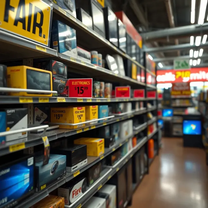 Shelves displaying a variety of electronic products with price tags indicating fair pricing