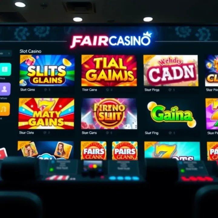 Fair Go Casino Slot Game Selection Overview Online casino interface displaying various slot games with vibrant graphics
