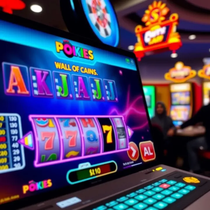 Online casino interface displaying colorful pokies reels and game options on a digital screen